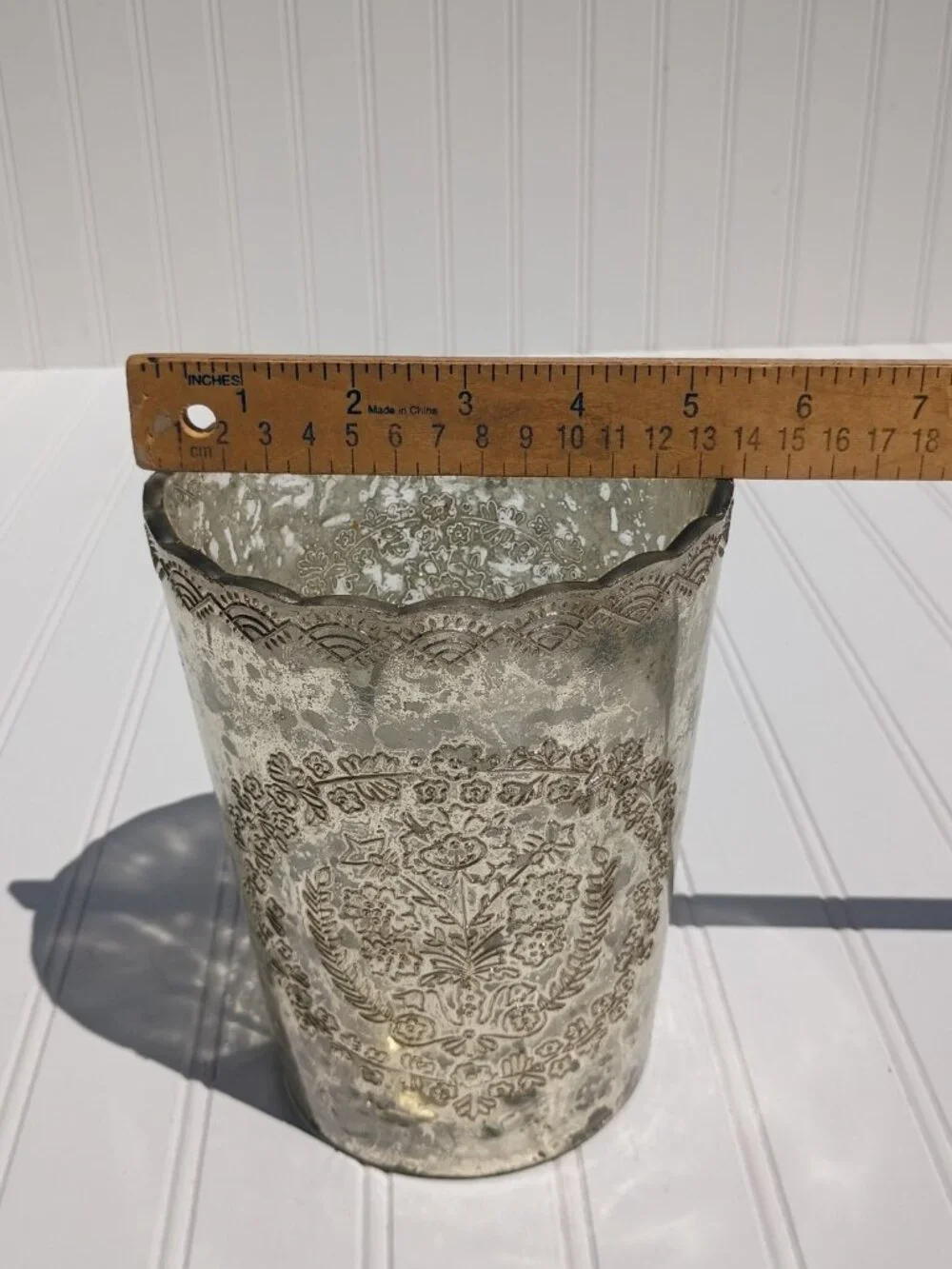 Vintage Glass Vase Floral Embossed Scalloped Rim Made in India Antique Style 7